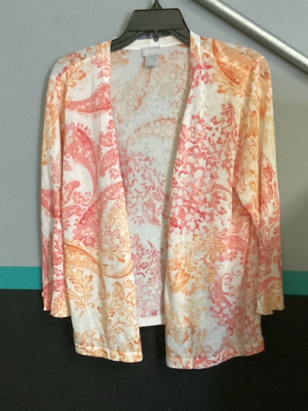 Chico's Cream Cardigan with Coral & Peach Floral Print